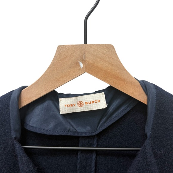 Tory Burch Sample‎ Belted Fringe-trimmed Striped Wool Coat Blue Size Small - Picture 4 of 9